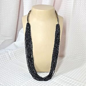 Premier Designs Multistrand Seed Bead & Silver Necklace- Black & Grey